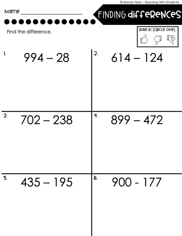 3rd Grade Subtraction Worksheet - Finding Differences 1