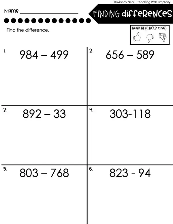 3rd Grade Subtraction Worksheet - Finding Differences 2