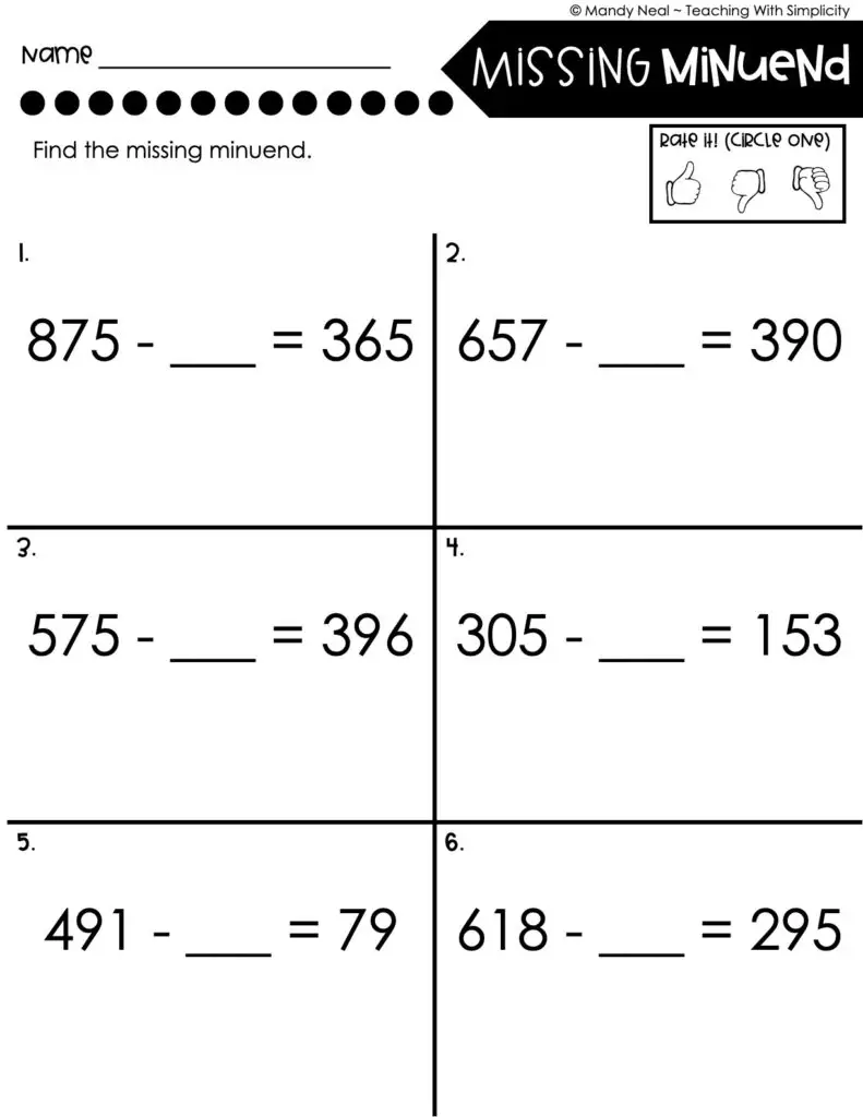 3rd Grade Subtraction Worksheet - Missing Minuend 1