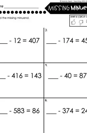 3rd Grade Subtraction Worksheet - Missing Minuend 2