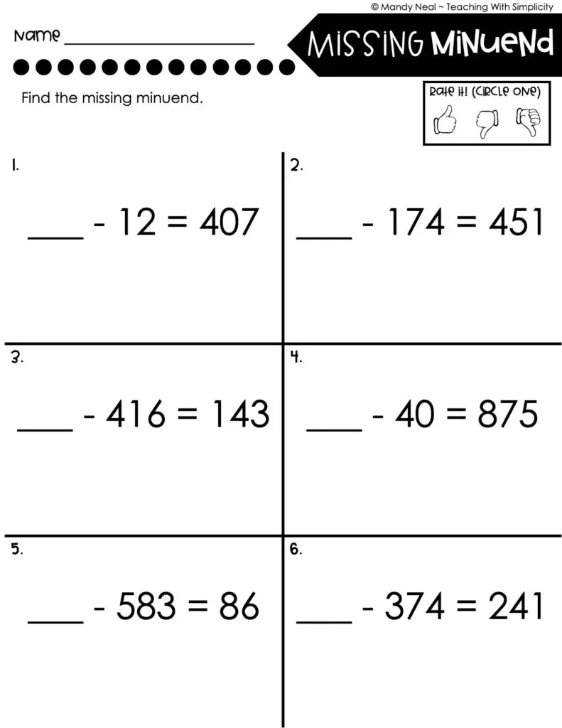 3rd Grade Subtraction Worksheet - Missing Minuend 2