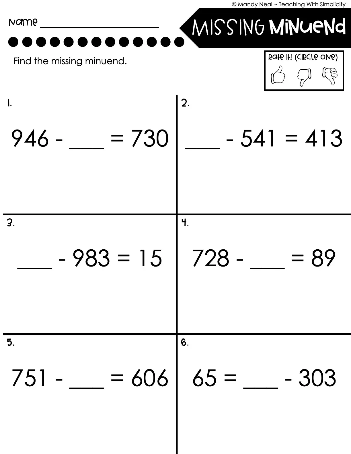 3rd Grade Subtraction Worksheet - Missing Minuend 3