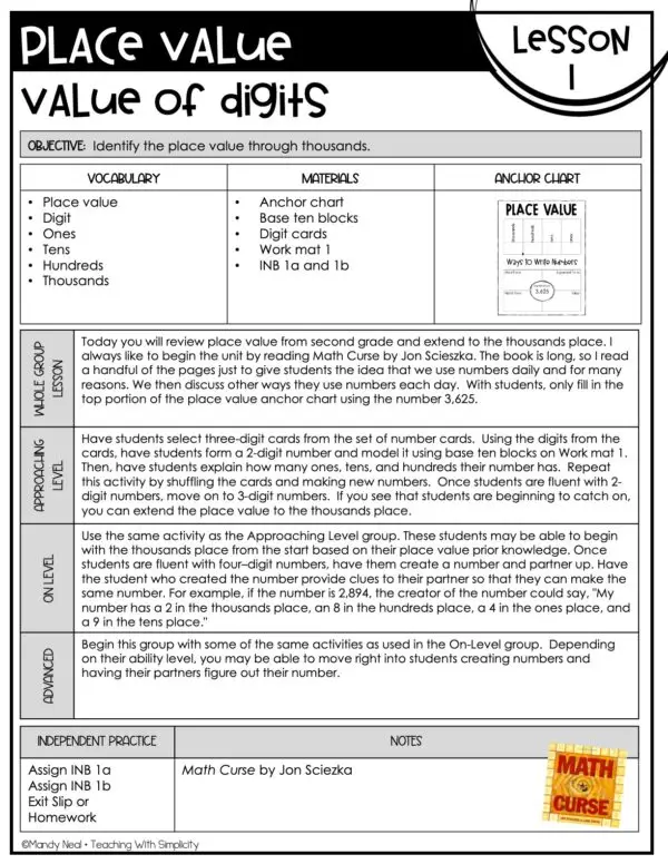 3rd Grade Place Value Unit Lesson 1