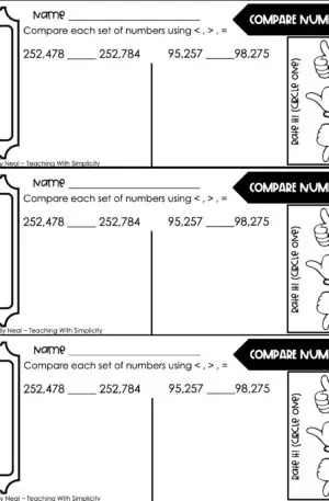 4th Grade Place Value - Compare Numbers Exit Ticket 1