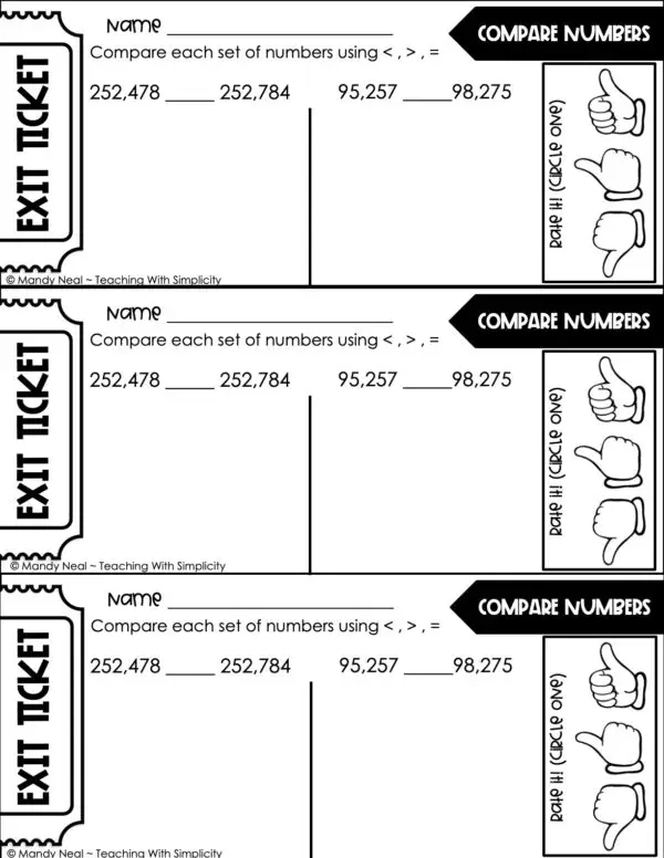 4th Grade Place Value - Compare Numbers Exit Ticket 1