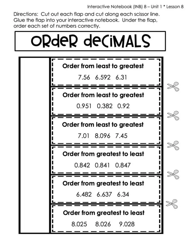 5th Grade Place Value - Order Decimals Interactive Notebook