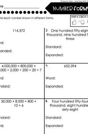 4th Grade Place Value Read and Write Whole Numbers Homework 1