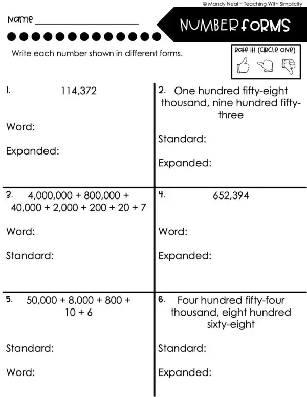 4th Grade Place Value Read and Write Whole Numbers Homework 1