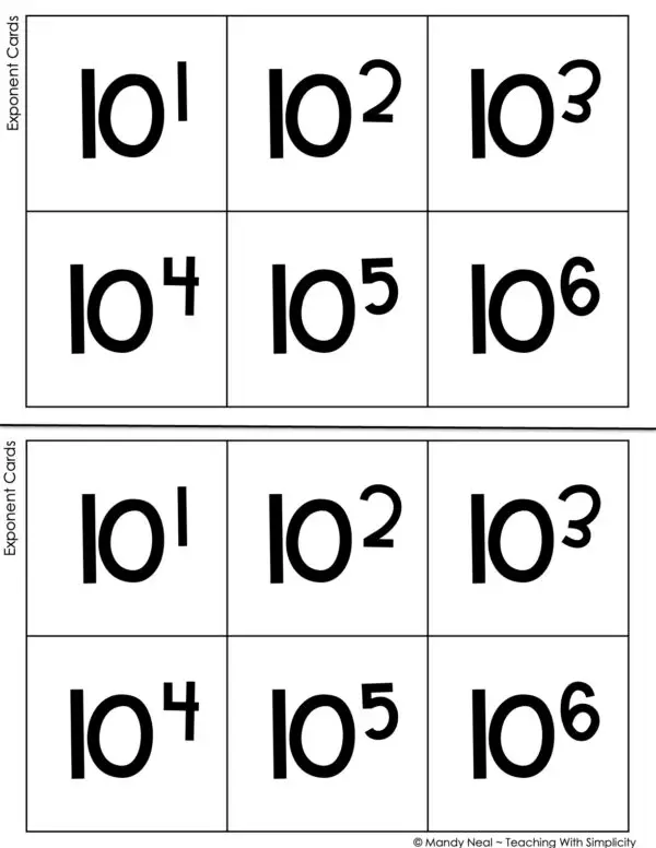 5th Grade Place Value - Exponent Cards