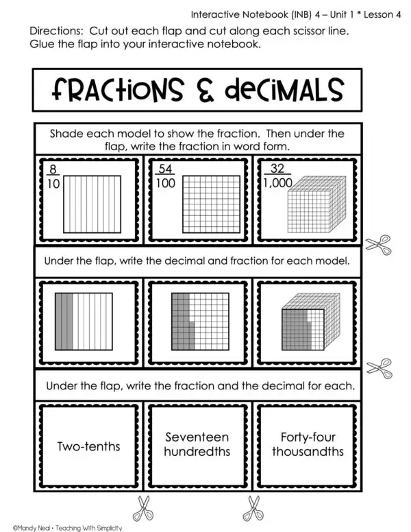 5th Grade Place Value - Model Fractions and Decimals Interactive Notebook