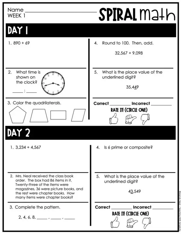 4th Grade 1st Quarter Spiral Math – Week 1 (Edible)