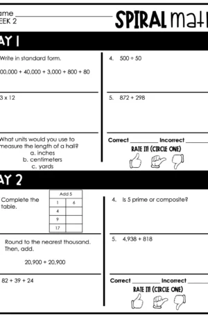 4th Grade 1st Quarter Spiral Math – Week 2 (Editable)