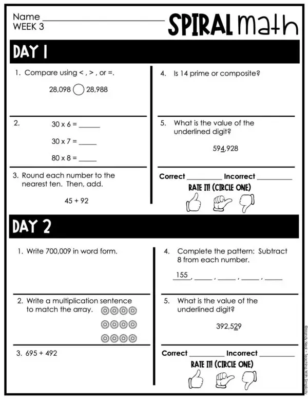 4th Grade 1st Quarter Spiral Math – Week 3 (Editable)