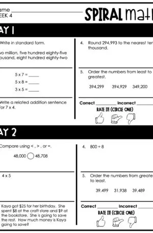 4th Grade 1st Quarter Spiral Math – Week 4 (Editable)