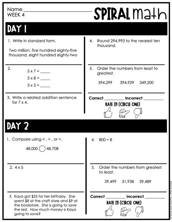 4th Grade 1st Quarter Spiral Math – Week 4 (Editable)