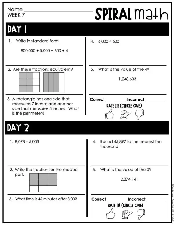 4th Grade 1st Quarter Spiral Math – Week 7 (Editable)