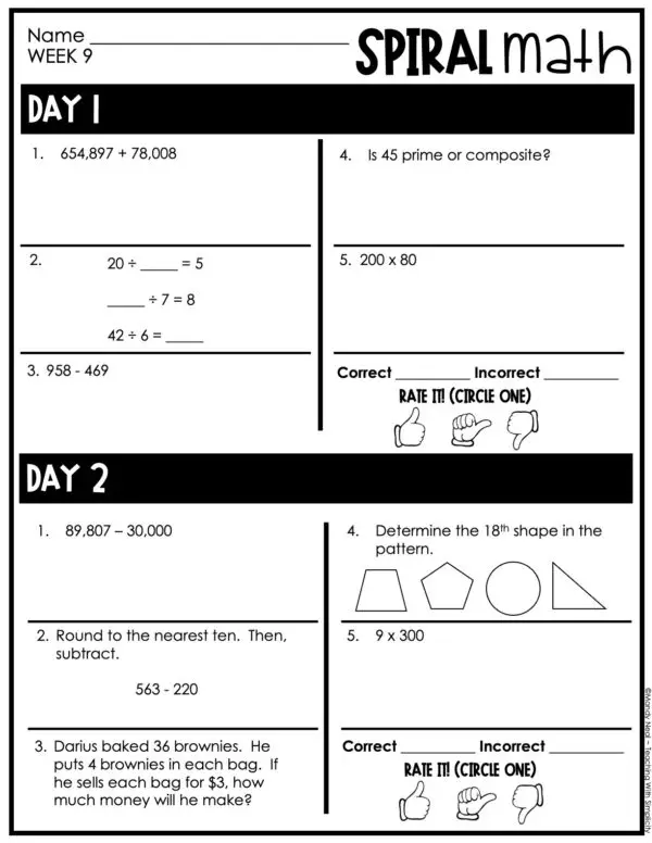 4th Grade 1st Quarter Spiral Math – Week 9 (Editable)