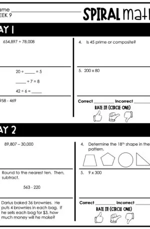 4th Grade 1st Quarter Spiral Math – Week 9 (Printable)