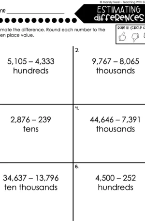 4th Grade Addition and Subtraction - Estimating Differences Worksheet 1