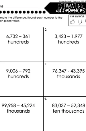 4th Grade Addition and Subtraction - Estimating Differences Worksheet 2