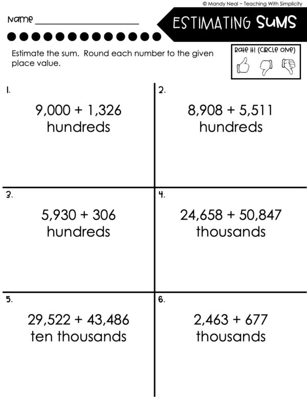 4th Grade Addition and Subtraction - Estimating Sums Worksheet 1