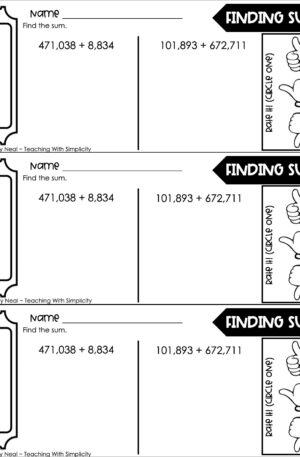 4th Grade Addition and Subtraction - Finding Sums Exit Ticket 1