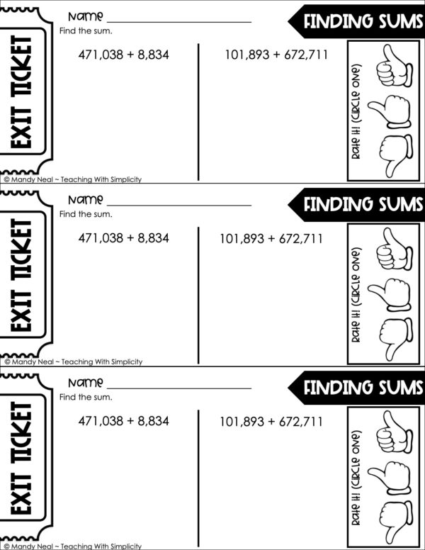 4th Grade Addition and Subtraction - Finding Sums Exit Ticket 1