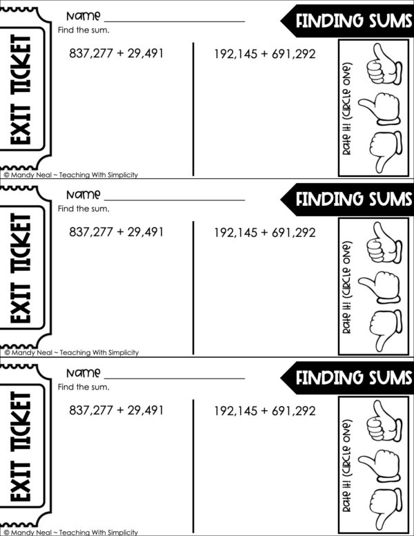 4th Grade Addition and Subtraction - Finding Sums Exit Ticket 2