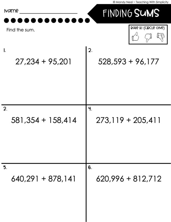 4th Grade Addition and Subtraction - Finding Sums Worksheet 1