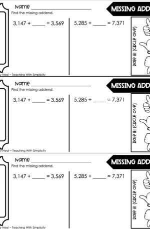 4th Grade Addition and Subtraction - Missing Addend Exit Ticket 1