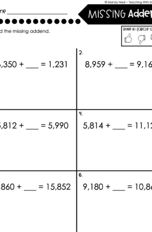 4th Grade Addition and Subtraction - Missing Addend Worksheet 1