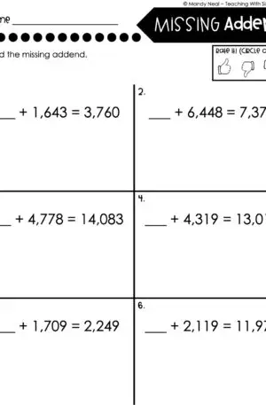 4th Grade Addition and Subtraction - Missing Addend Worksheet 2