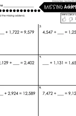 4th Grade Addition and Subtraction - Missing Addend Worksheet 3