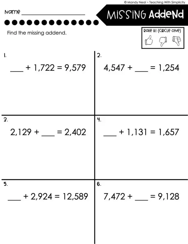 4th Grade Addition and Subtraction - Missing Addend Worksheet 3