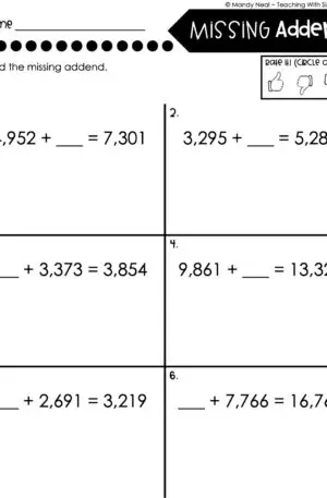 4th Grade Addition and Subtraction - Missing Addend Worksheet 4