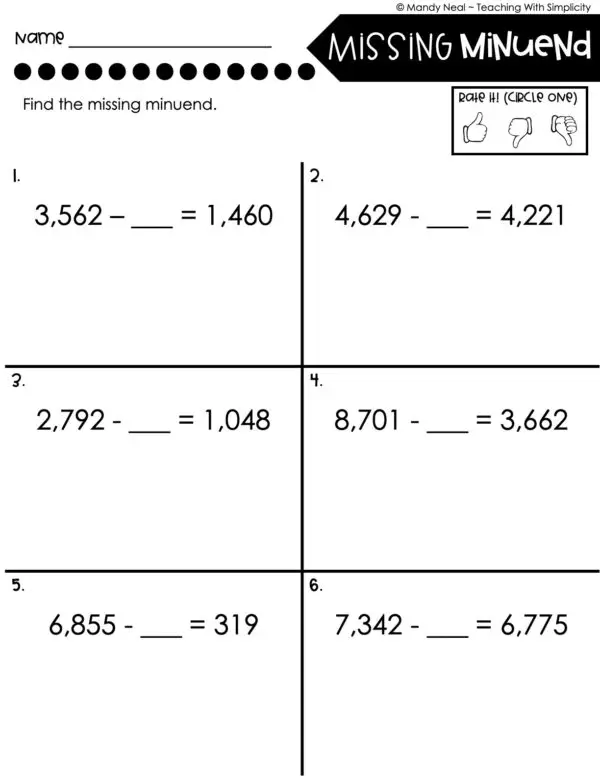 4th Grade Addition and Subtraction - Missing Minuend Worksheet 1