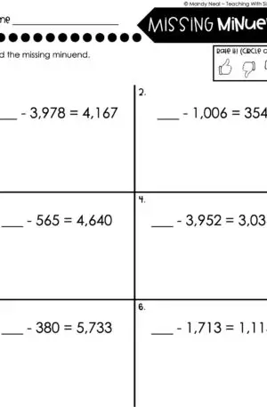 4th Grade Addition and Subtraction - Missing Minuend Worksheet 2