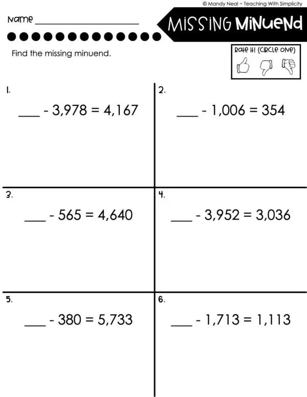 4th Grade Addition and Subtraction - Missing Minuend Worksheet 2