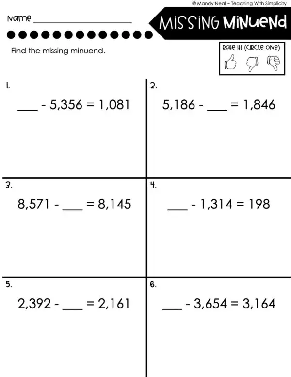 4th Grade Addition and Subtraction - Missing Minuend Worksheet 3