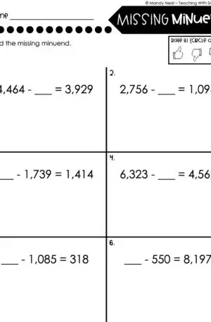 4th Grade Addition and Subtraction - Missing Minuend Worksheet 4