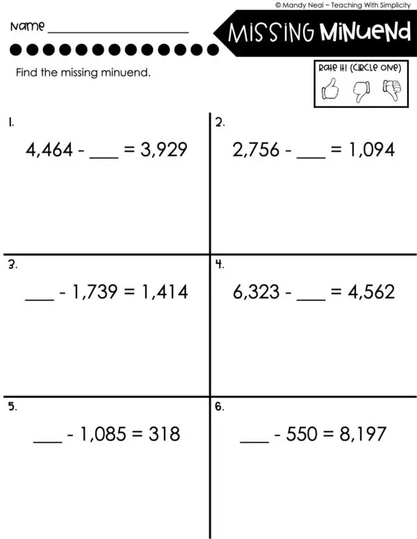 4th Grade Addition and Subtraction - Missing Minuend Worksheet 4