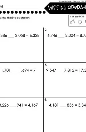 4th Grade Addition and Subtraction - Missing Operation Worksheet 1