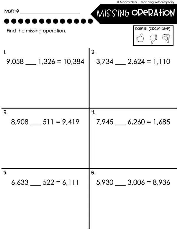 4th Grade Addition and Subtraction - Missing Operation Worksheet 2