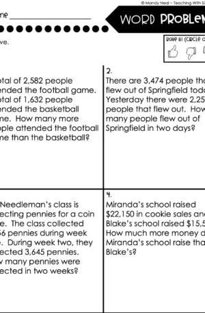 4th Grade Addition and Subtraction - Word Problems Worksheet 1