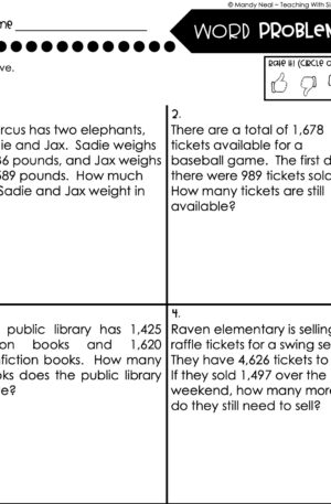 4th Grade Addition and Subtraction - Word Problems Worksheet 2