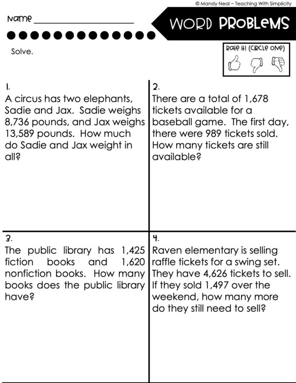 4th Grade Addition and Subtraction - Word Problems Worksheet 2