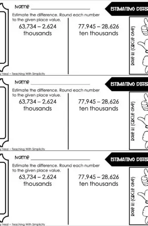 4th Grade Addition and Subtraction – Estimating Differences Exit Ticket 1