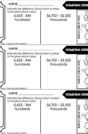 4th Grade Addition and Subtraction – Estimating Differences Exit Ticket 2