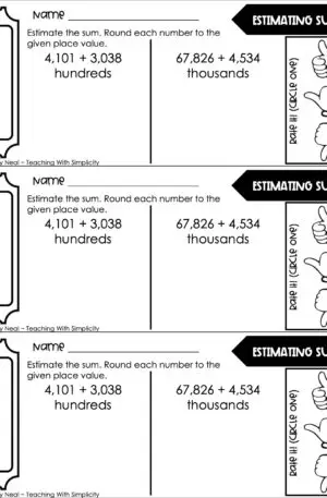 4th Grade Addition and Subtraction – Estimating Sums Exit Ticket 1