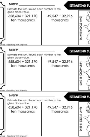 4th Grade Addition and Subtraction – Estimating Sums Exit Ticket 2